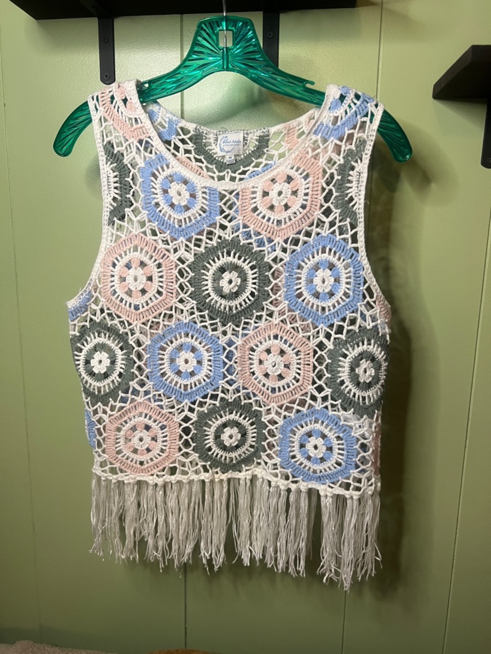 Francesca's Collections Crochet Fringe Tank Top - Pastel Blue, Pink & Olive